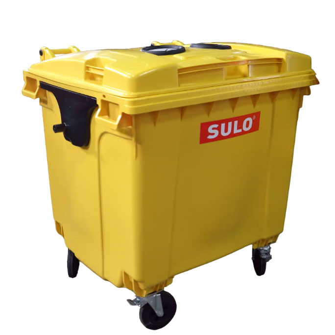 Пересувний сміттєвий контейнер SULO, жовтий 1100 літрів, плоска кришка з двома круглими отворами та вбудованим замком